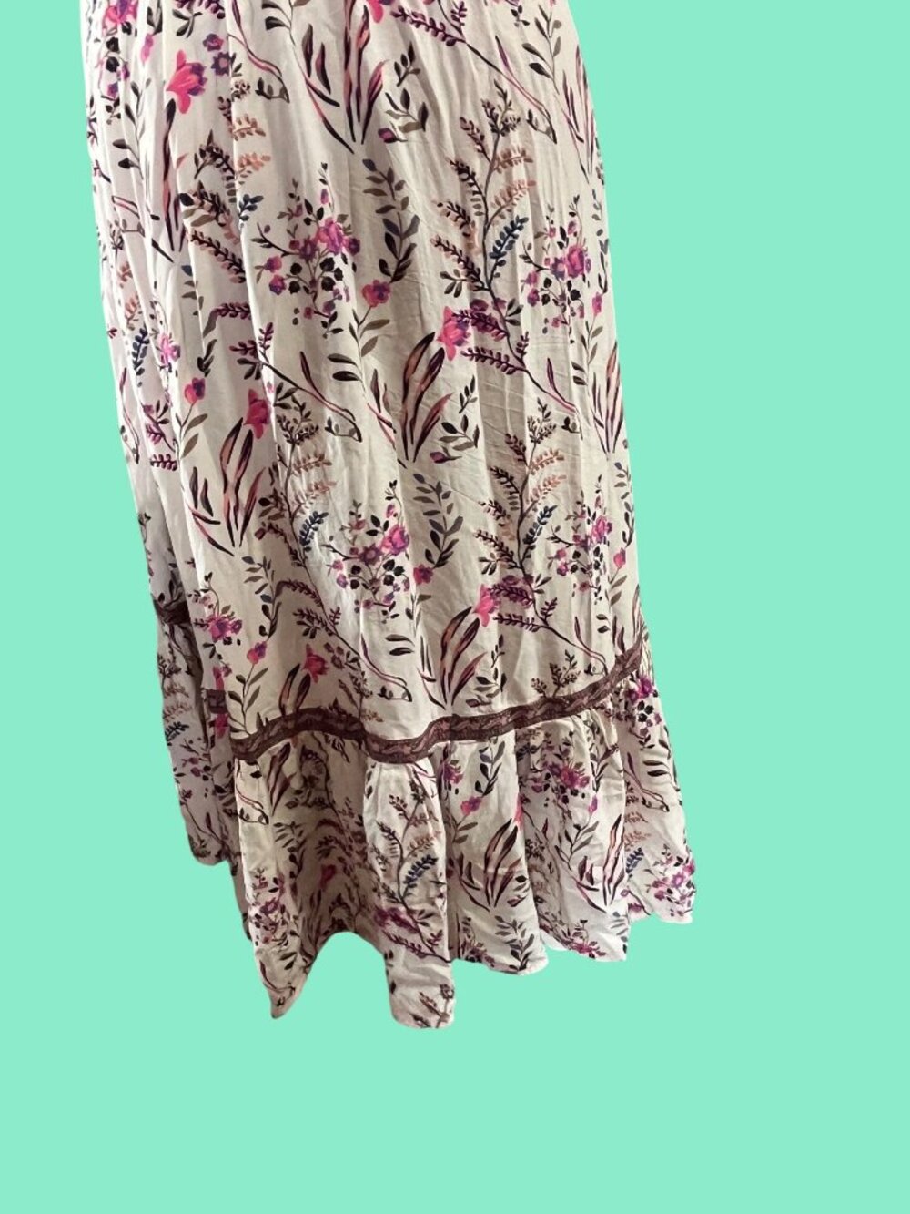 Floral High-Low Wrap Dress With Ruffle Hem Bell Sleeves & Tie Waist Beige & Pink - Picture 6 of 11